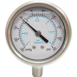 Pressure Gauge: 2-1/2" Dial, 30 psi, 1/4" Thread, NPT, Lower Mount