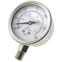 Pressure Gauge: 2-1/2" Dial, 30 psi, 1/4" Thread, NPT, Lower Mount