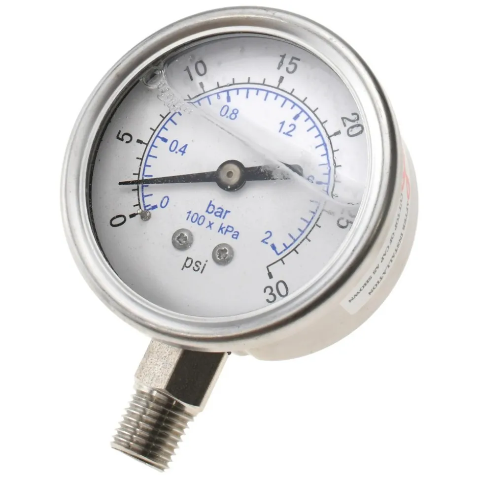 Pressure Gauge: 2-1/2" Dial, 30 psi, 1/4" Thread, NPT, Lower Mount