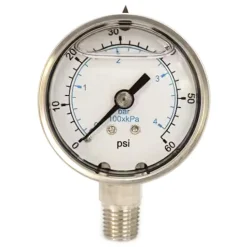 Pressure Gauge: 2" Dial, 60 psi, 1/4" Thread, NPT, Lower Mount