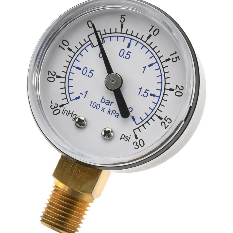Pressure Gauge: 2" Dial, 30 psi, 1/4" Thread, NPT, Lower Mount