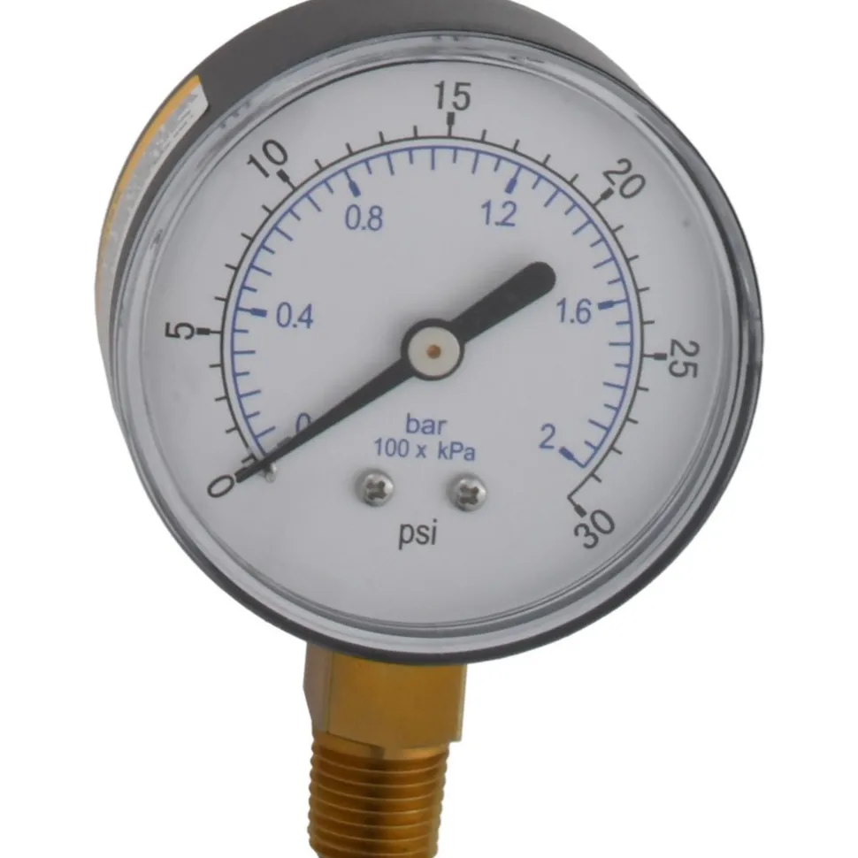 Pressure Gauge: 2-1/2" Dial, 30 psi, 1/4" Thread, NPT, Lower Mount