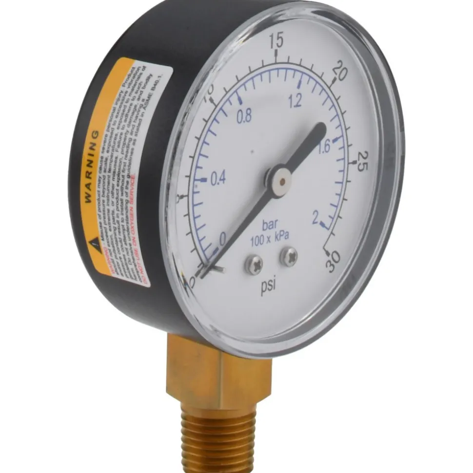 Pressure Gauge: 2-1/2" Dial, 30 psi, 1/4" Thread, NPT, Lower Mount