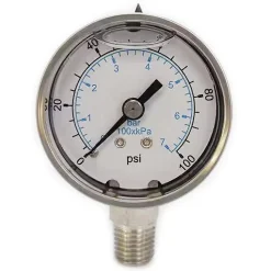 Pressure Gauge: 2" Dial, 100 psi, 1/4" Thread, NPT, Lower Mount