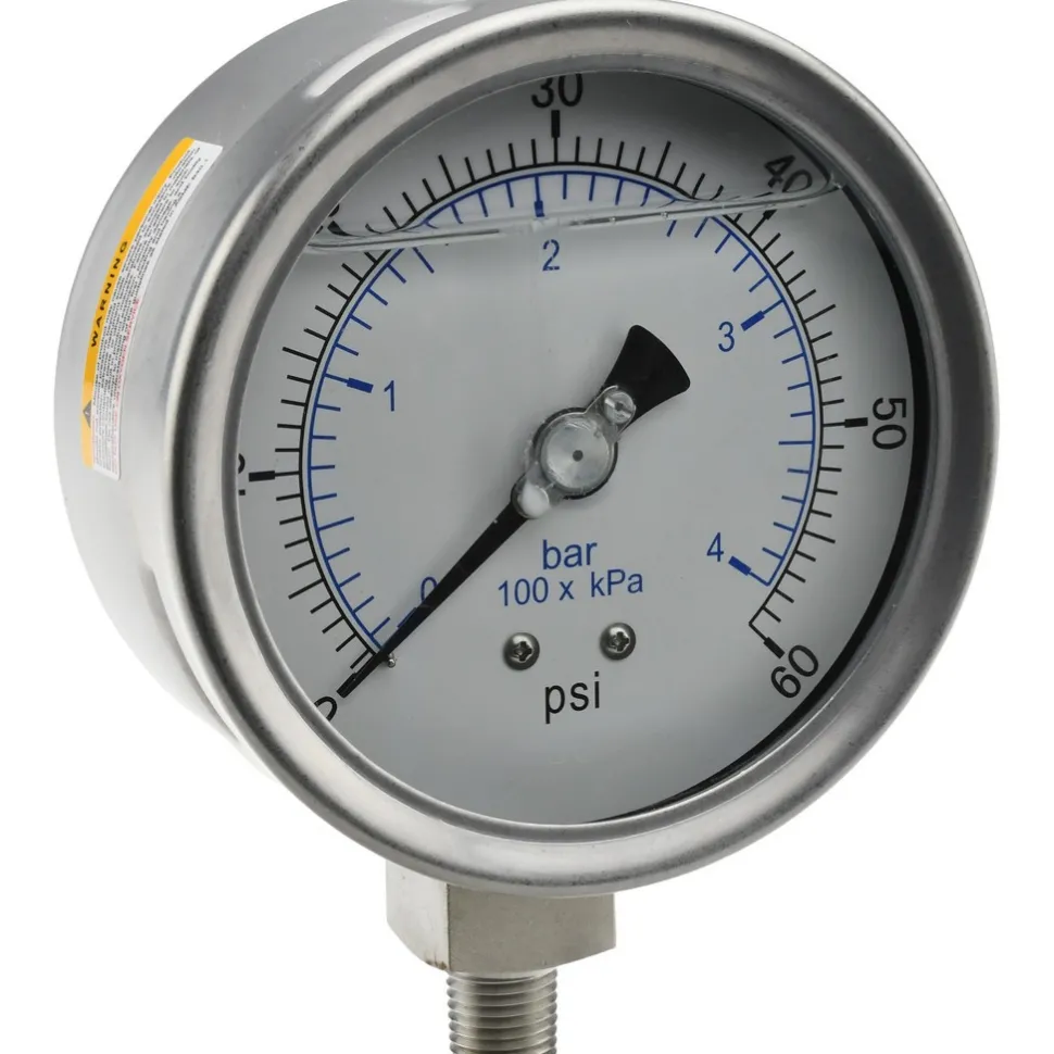Pressure Gauge: 4" Dial, 60 psi, 1/4" Thread, NPT, Lower Mount