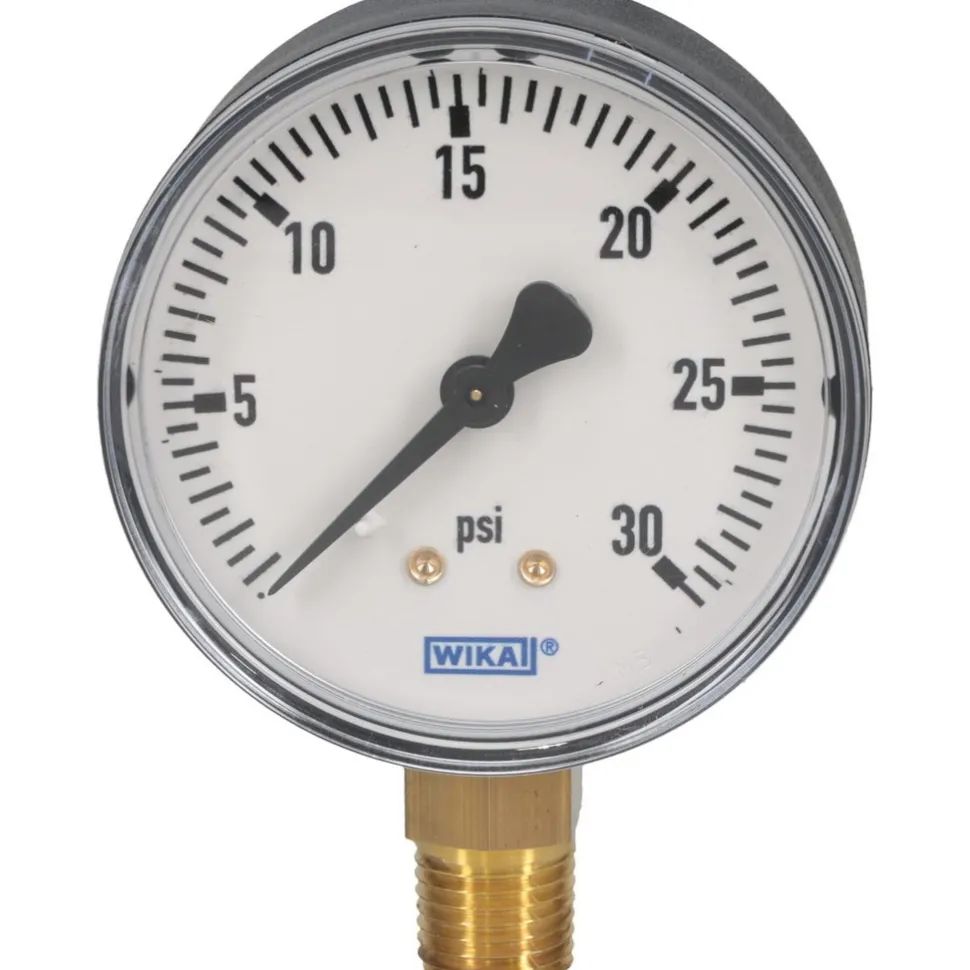 Pressure Gauge: 2-1/2" Dial, 0 to 30 psi, 1/4" Thread, NPT, Lower Mount