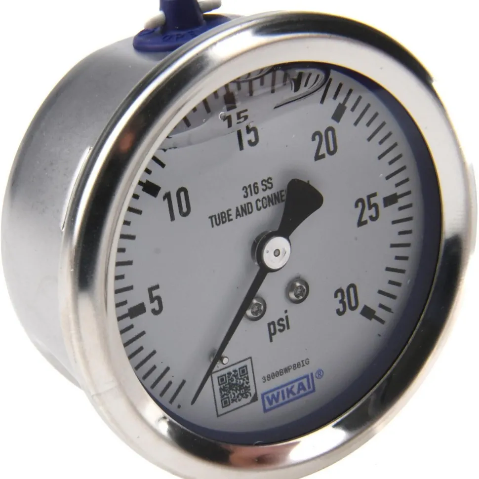 Pressure Gauge: 2-1/2" Dial, 0 to 30 psi, 1/4" Thread, NPT, Center Back Mount