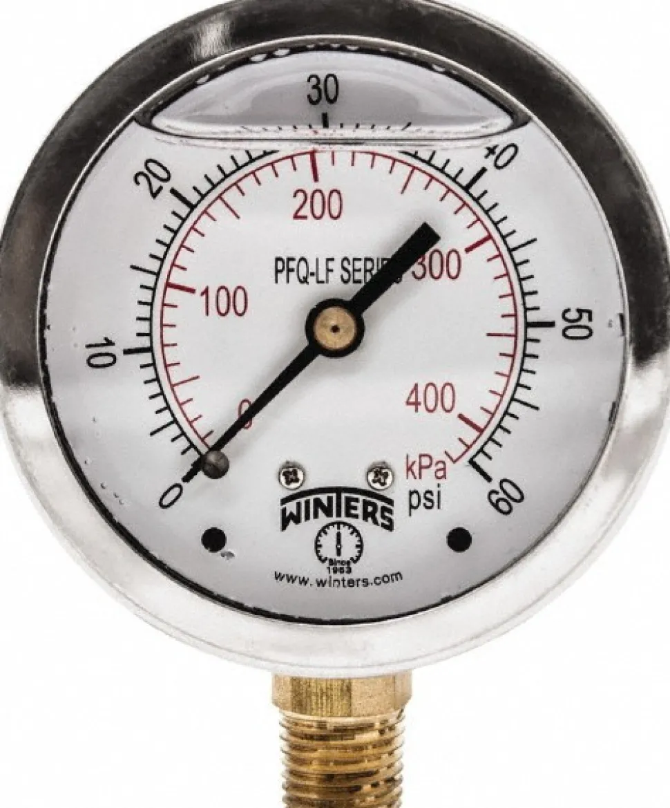 Pressure Gauge: 2-1/2" Dial, 0 to 60 psi, 1/4" Thread, NPT, Lower Mount