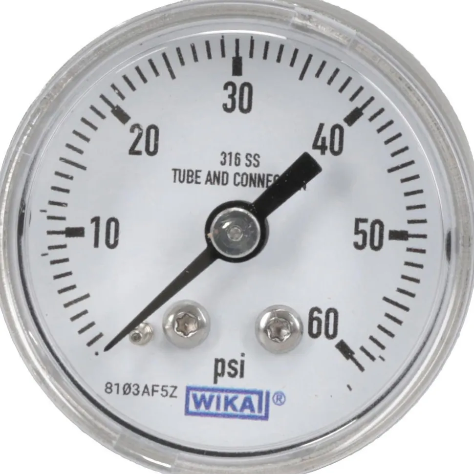 Pressure Gauge: 1-1/2" Dial, 0 to 60 psi, 1/8" Thread, NPT, Center Back Mount