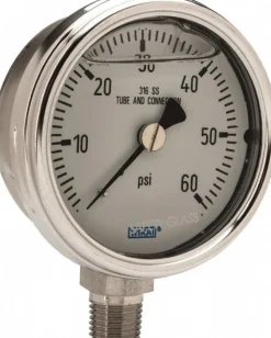 Pressure Gauge: 2-1/2" Dial, 0 to 60 psi, 1/4" Thread, NPT, Lower Mount