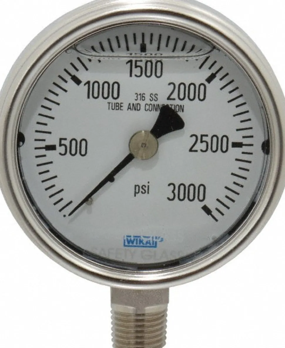 Pressure Gauge: 2-1/2" Dial, 0 to 3,000 psi, 1/4" Thread, NPT, Lower Mount