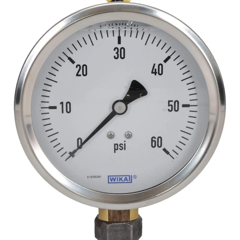Pressure Gauge: 4" Dial, 0 to 60 psi, 1/4" Thread, NPT, Lower Mount