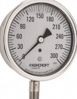 Pressure Gauge: 3-1/2" Dial, 0 to 300 psi, 1/4" Thread, NPT, Lower Mount