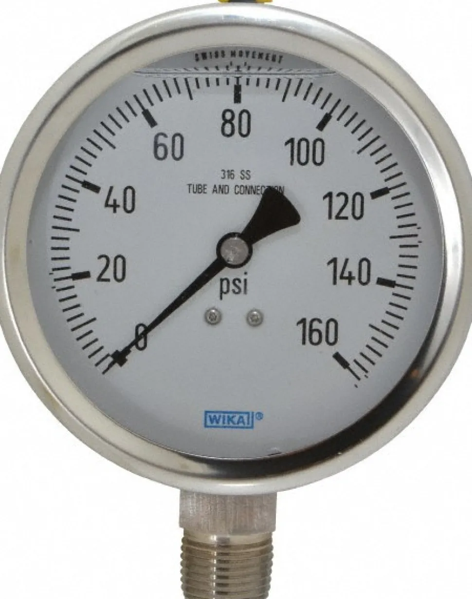 Pressure Gauge: 4" Dial, 0 to 160 psi, 1/2" Thread, NPT, Lower Mount