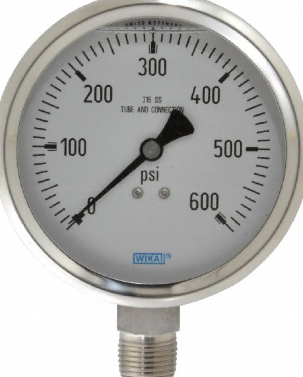 Pressure Gauge: 4" Dial, 0 to 600 psi, 1/2" Thread, NPT, Lower Mount