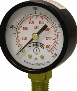 Pressure Gauge: 2" Dial, 0 to 100 psi, 1/4" Thread, NPT, Lower Mount