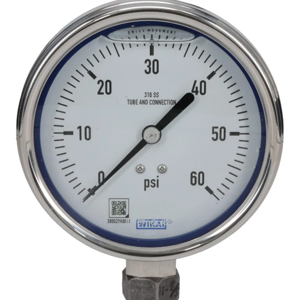 Pressure Gauge: 4" Dial, 0 to 60 psi, 1/4" Thread, NPT, Lower Mount
