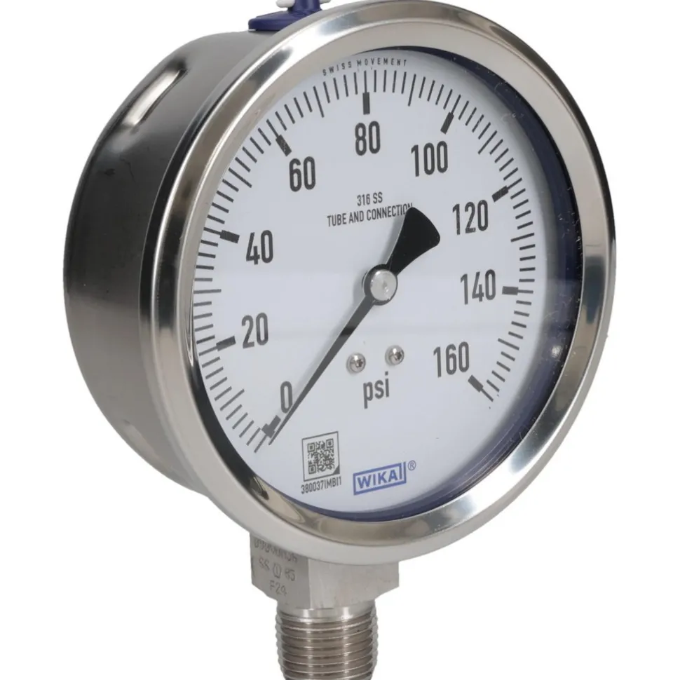 Pressure Gauge: 4" Dial, 0 to 160 psi, 1/2" Thread, NPT, Lower Mount