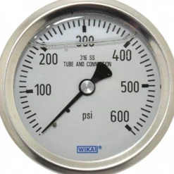 Pressure Gauge: 2-1/2" Dial, 0 to 600 psi, 1/4" Thread, NPT, Center Back Mount
