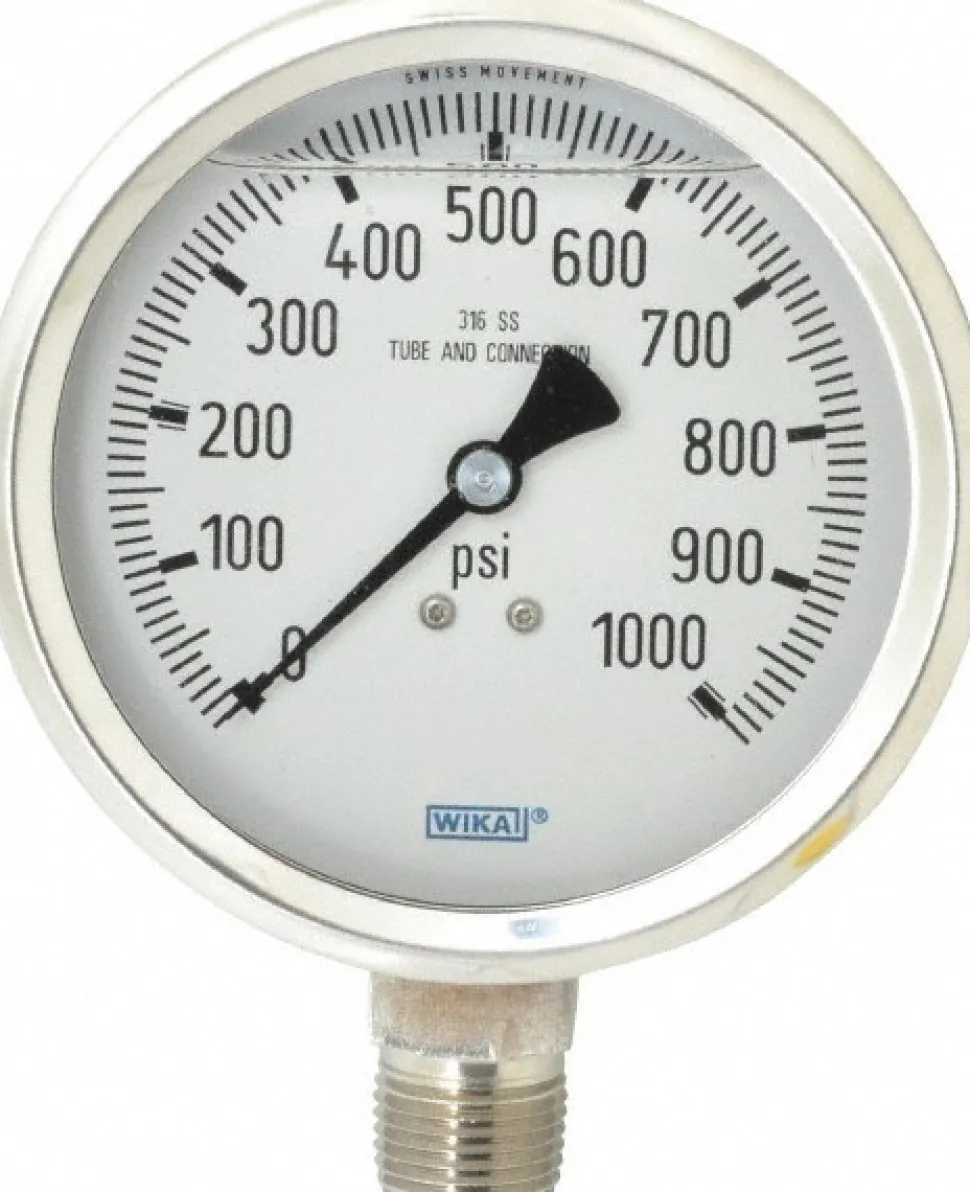 Pressure Gauge: 4" Dial, 0 to 1,000 psi, 1/2" Thread, NPT, Lower Mount