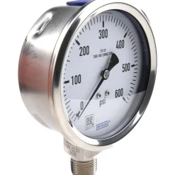 Pressure Gauge: 4" Dial, 0 to 600 psi, 1/2" Thread, NPT, Lower Mount