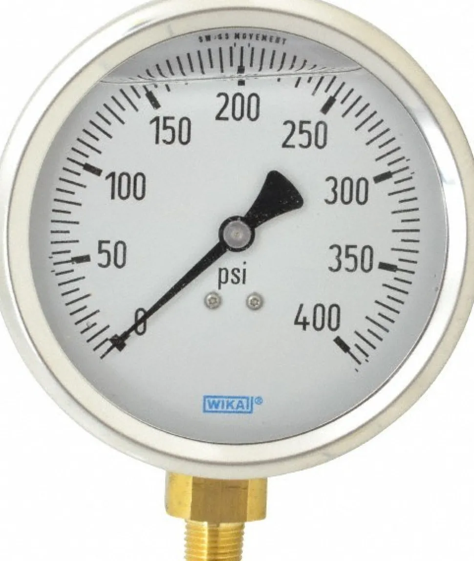 Pressure Gauge: 4" Dial, 0 to 400 psi, 1/4" Thread, NPT, Lower Mount