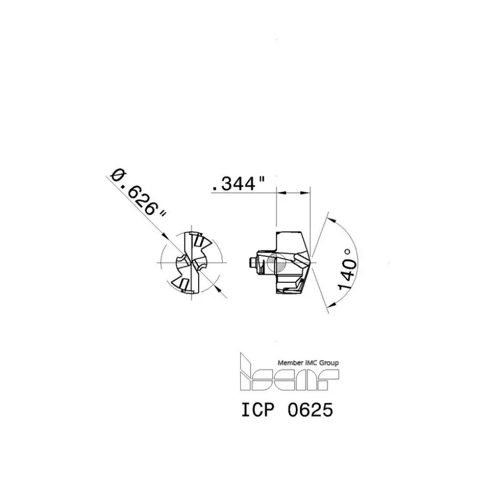 Replaceable Drill Tip: ICP0625 IC908, 0.6260" Dia, 15.90 mm Dia, 140 deg Point