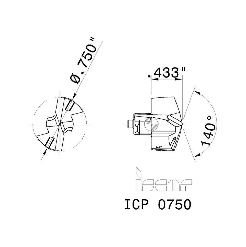 Replaceable Drill Tip: ICP0750 IC908, 0.7500" Dia, 19.05 mm Dia, 140 deg Point