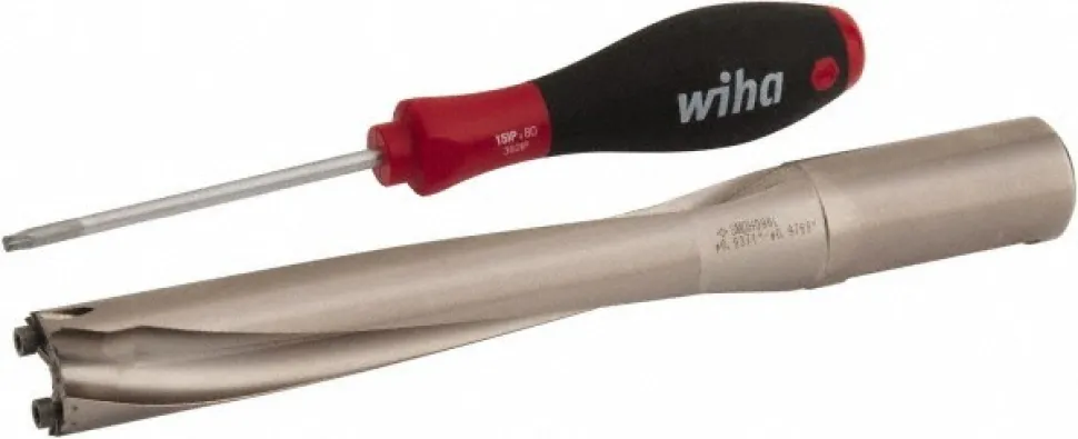 Replaceable-Tip Drill: 23.81 to 24.8 mm Dia, 5.315" Max Depth, 1" Weldon Flat Shank