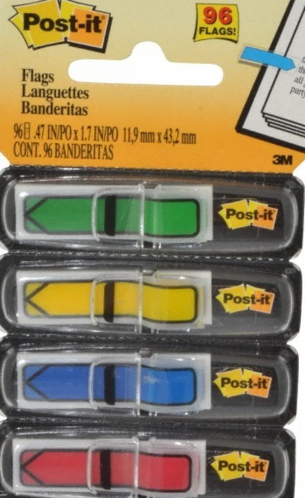 Self-Stick Page Flags: Style: Arrow; Color: Green, Yellow, Blue, and Red; Size: 0.5 in x 1.7 in