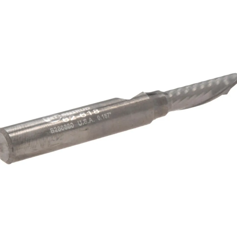 Spiral Router Bit: 3/16" Dia, 5/8" LOC, 1/4" Shank Dia, 1 Flute, Downcut