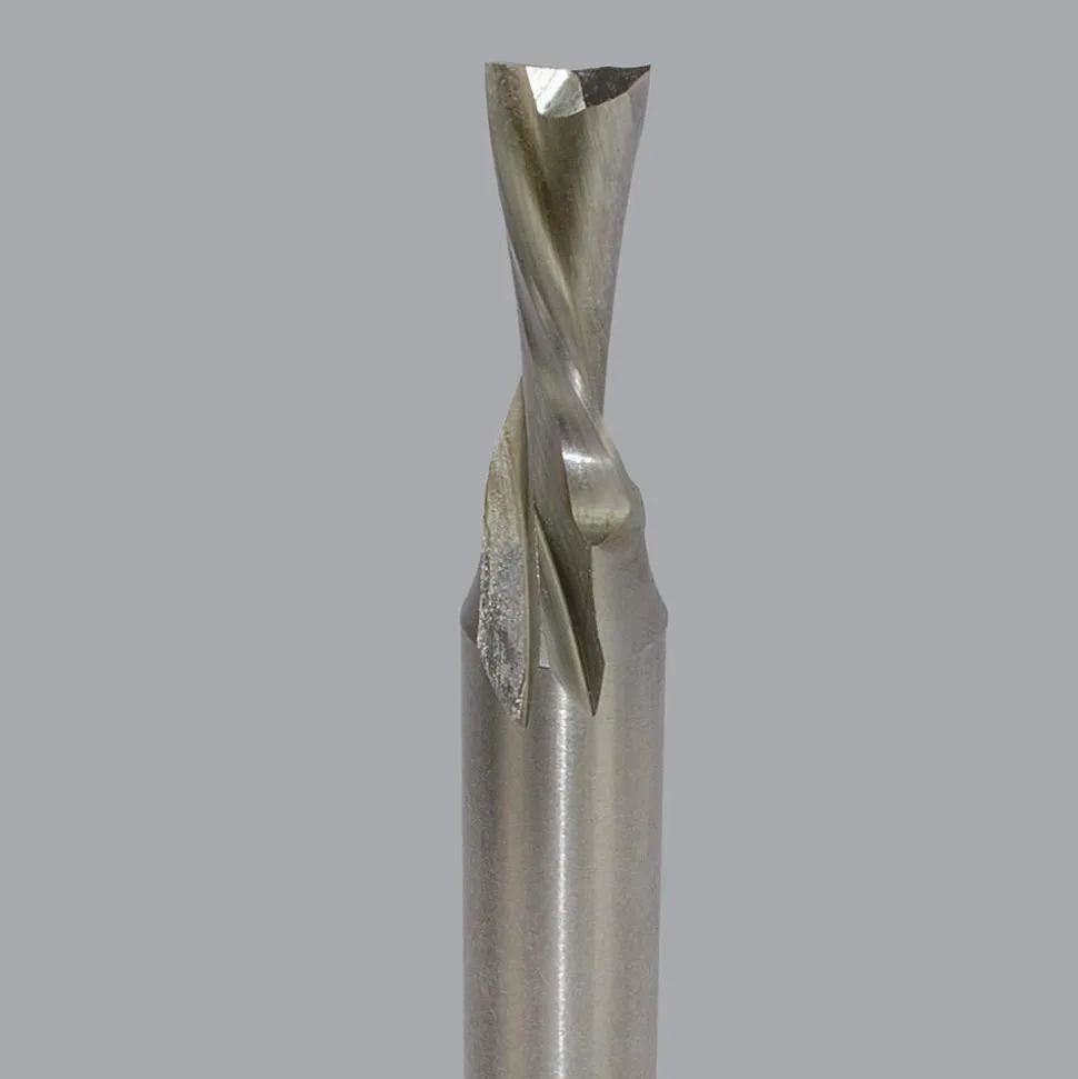 Spiral Router Bit: 3/16" Dia, 5/8" LOC, 1/4" Shank Dia, 2 Flute, Downcut