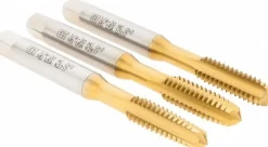 Tap Set: 1/4-20 UNC, 4 Flute, Bottoming Plug & Taper, High Speed Steel, TiN Finish