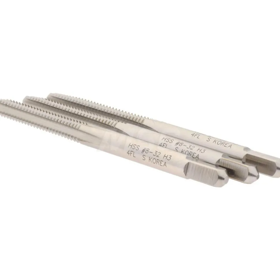 Tap Set: #8-32 UNC, 4 Flute, High Speed Steel, Bright Finish