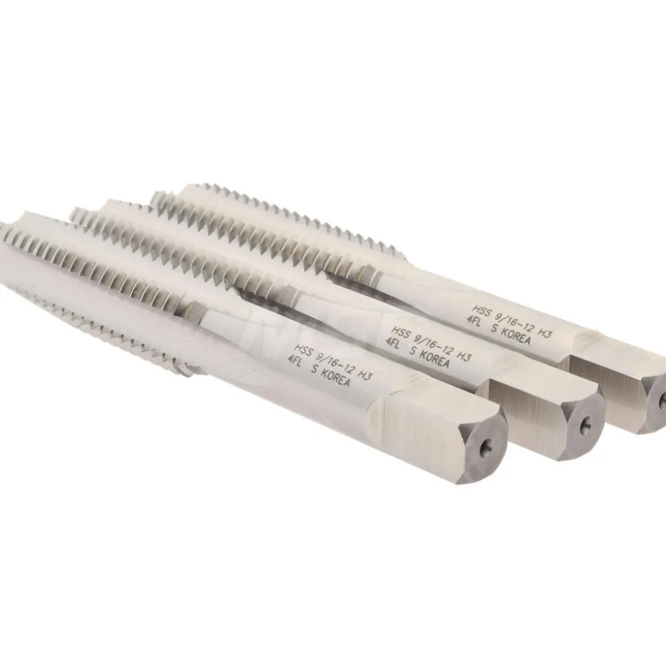 Tap Set: 9/16-12 UNC, 4 Flute, High Speed Steel, Bright Finish