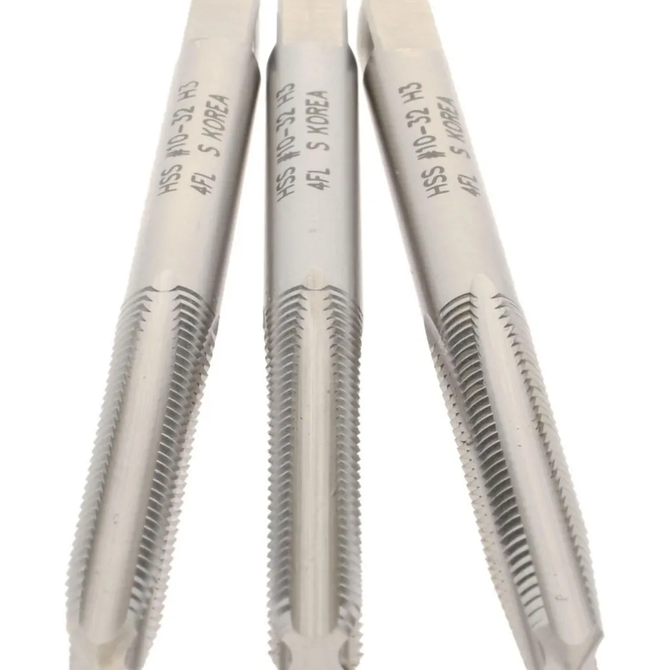 Tap Set: #10-32 UNF, 4 Flute, High Speed Steel, Bright Finish