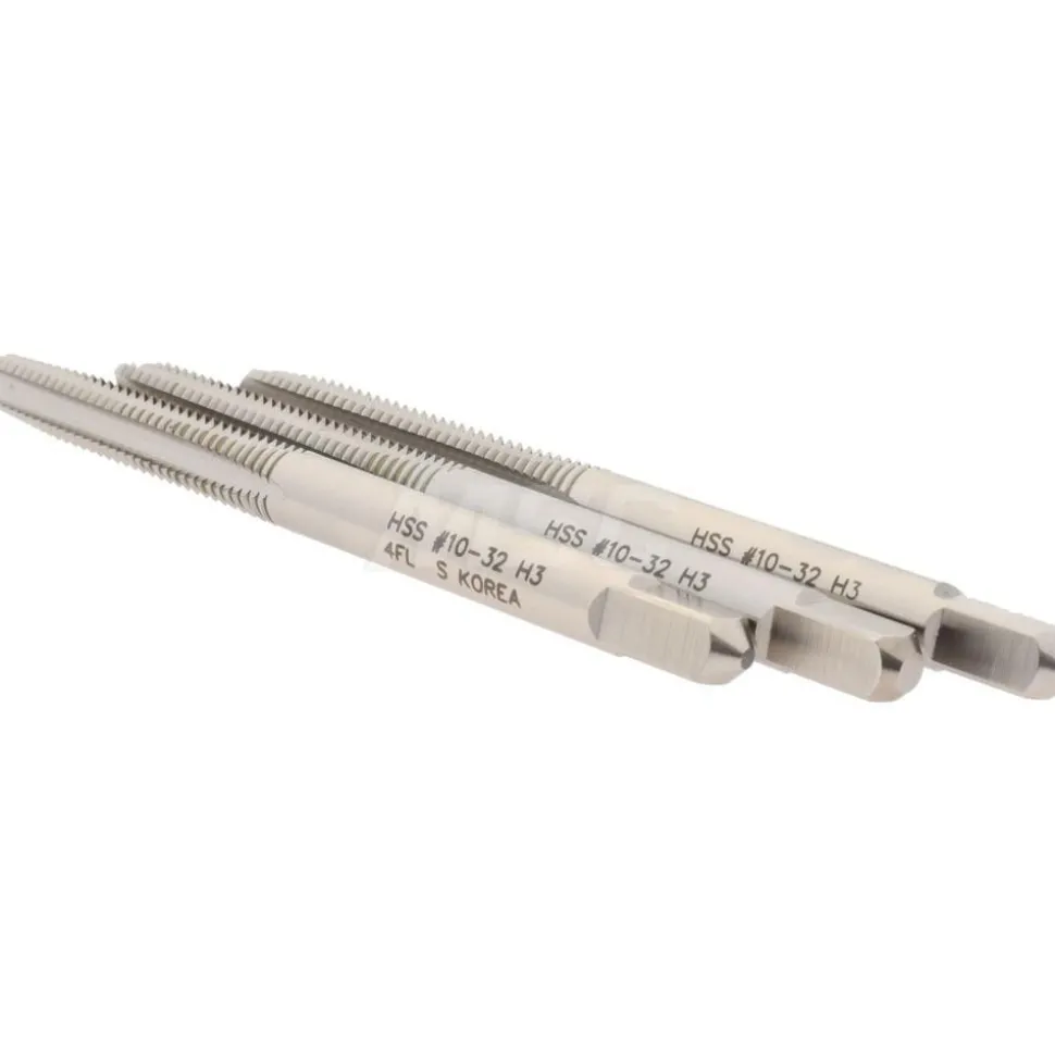 Tap Set: #10-32 UNF, 4 Flute, High Speed Steel, Bright Finish