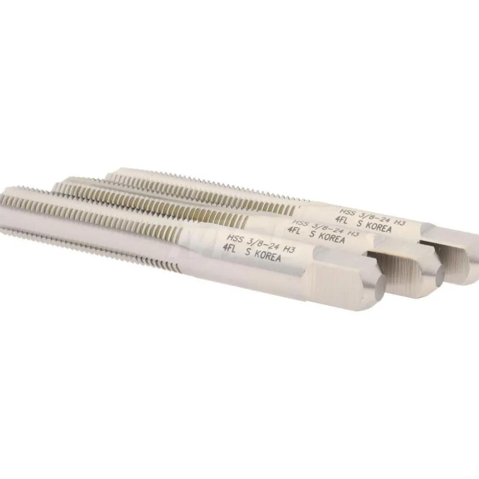 Tap Set: 3/8-24 UNF, 4 Flute, High Speed Steel, Bright Finish
