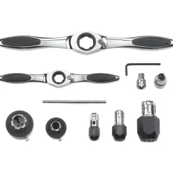 Tap Wrench Sets: Minimum Tap Size: #4 in, M3 mm; Maximum Tap Size: 3/4 in, M18 mm; Handle Style: T-Handle; Ratcheting: Yes