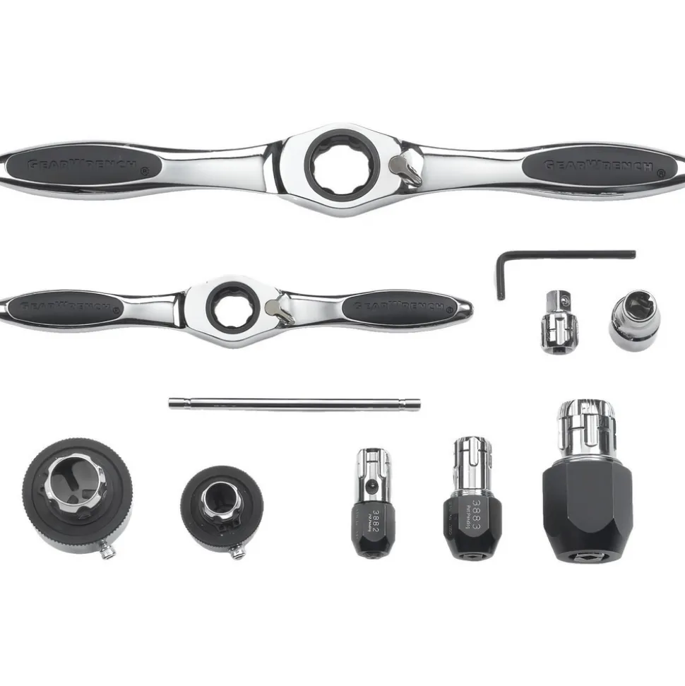 Tap Wrench Sets: Minimum Tap Size: #4 in, M3 mm; Maximum Tap Size: 3/4 in, M18 mm; Handle Style: T-Handle; Ratcheting: Yes