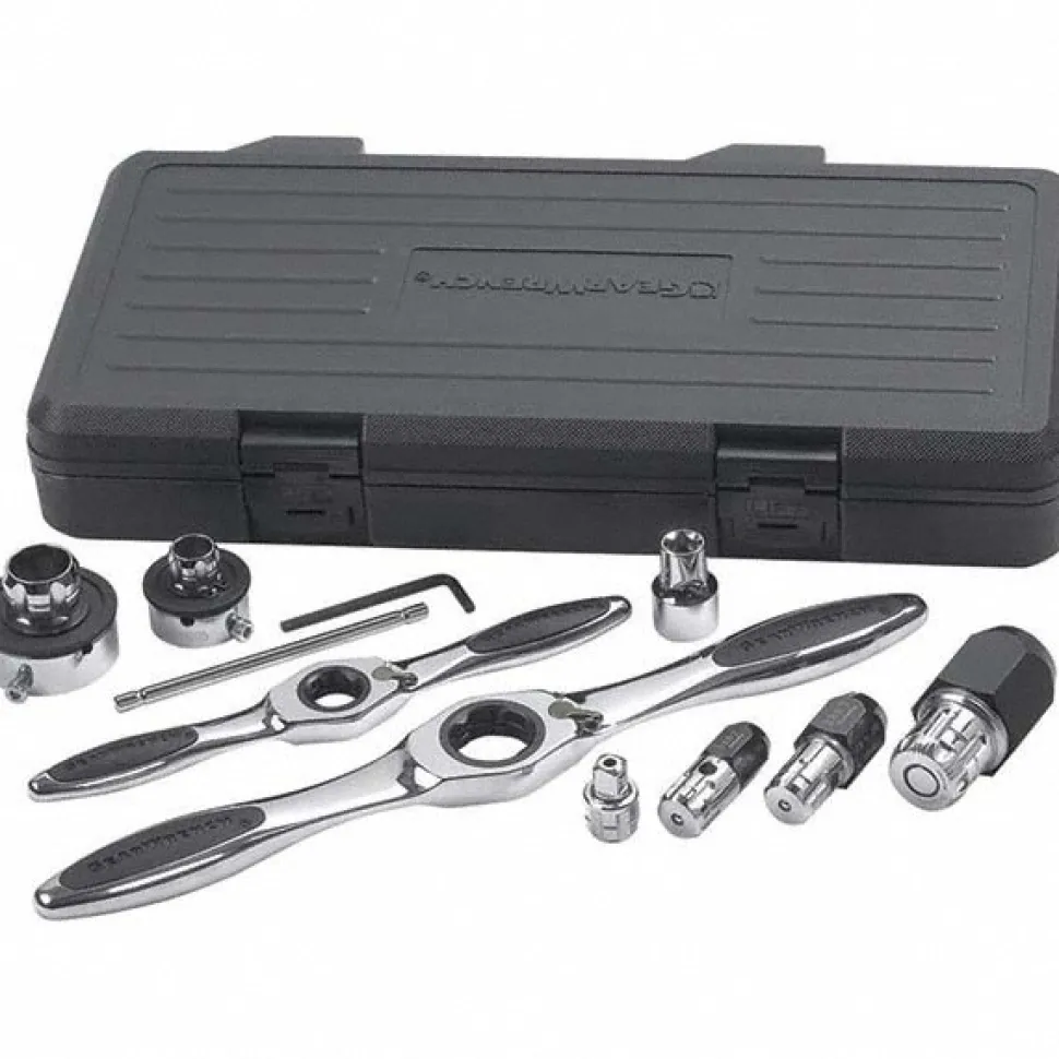 Tap Wrench Sets: Minimum Tap Size: #4 in, M3 mm; Maximum Tap Size: 3/4 in, M18 mm; Handle Style: T-Handle; Ratcheting: Yes