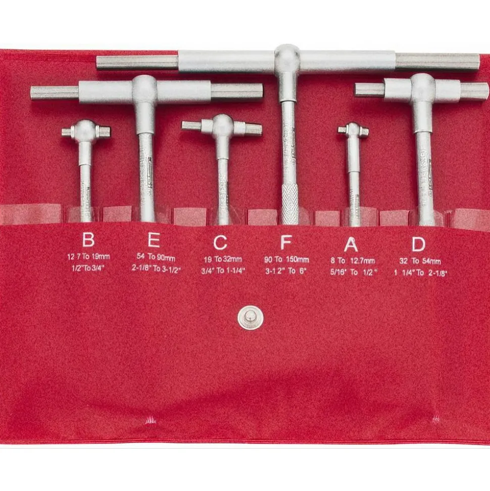 Telescoping Gage Set: 5/16 to 6", 6 Pc, Hardened Tool Steel, Satin Chrome Finish, Includes Vinyl Pouch