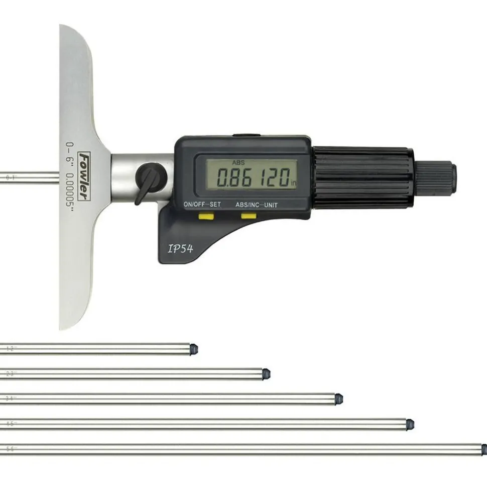 0 to 150mm Range, 4" Base Length, 6 Rods, Friction Thimble, Electronic Depth Micrometer